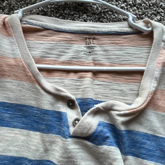 Light Blue Orange And White Striped Cotton Shirt, Mens Large Minimalist Shirt - Picture 3 of 5